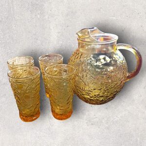 Vintage Anchor Hocking Lido Milano Amber Crinkle Pitcher 4 Tumblers Mid-Century